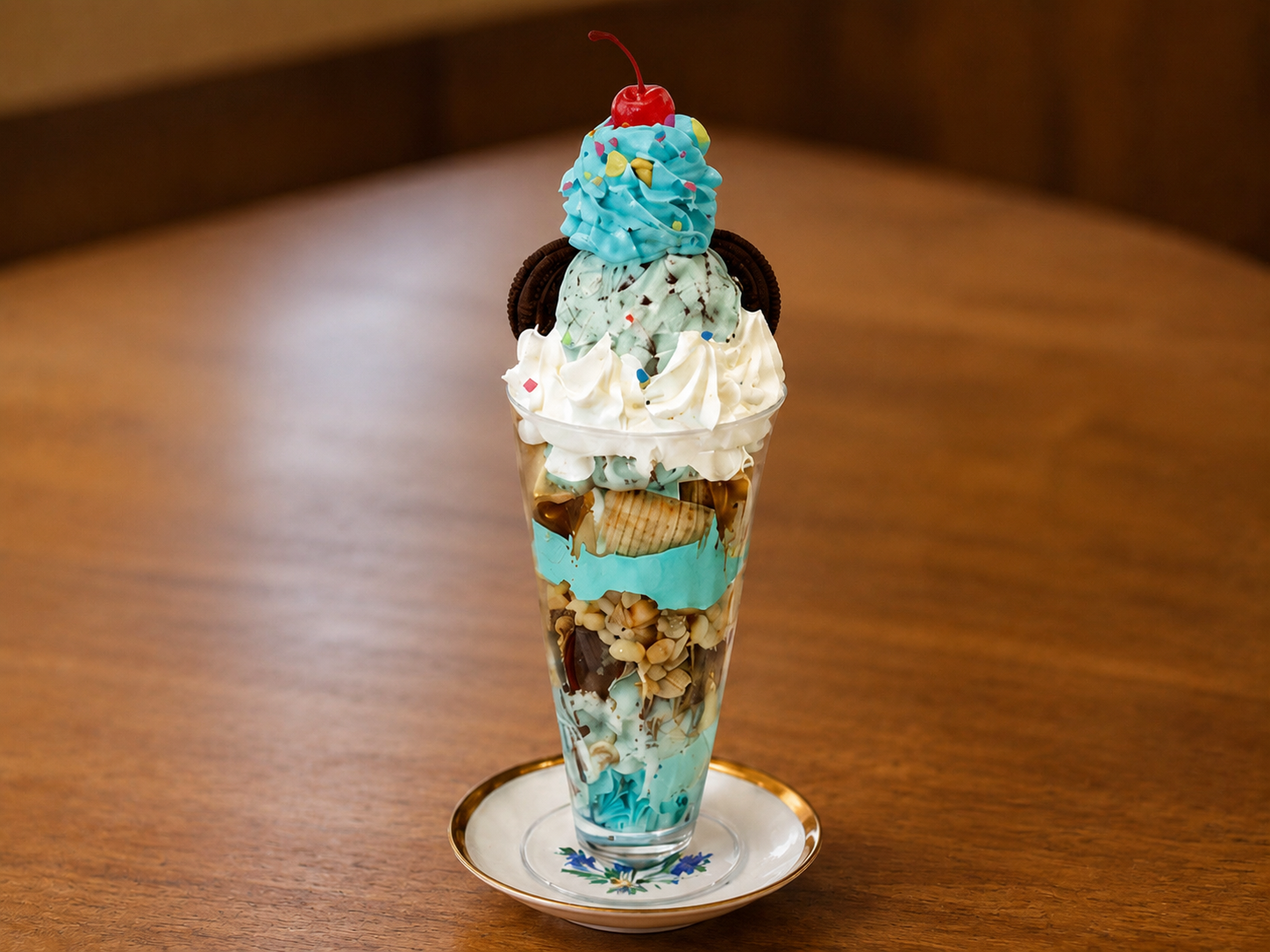 実際に提供している、ブルーのクリームとチェリー、チョコクッキーを重ねたチョコミントパフェ